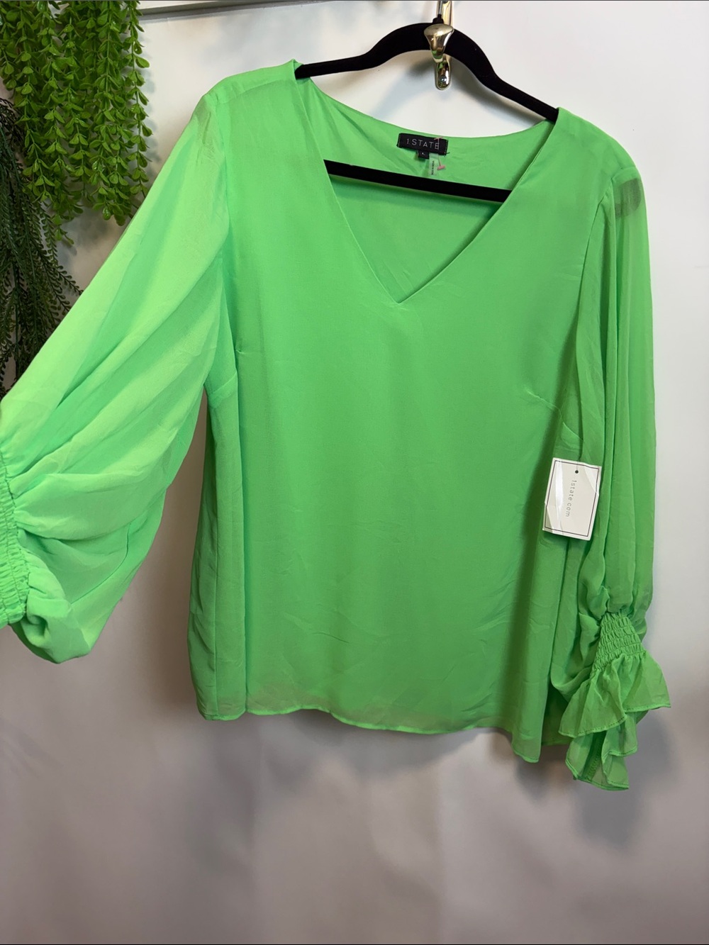 1. State Neon Green V-Neck Blouse with Ruffle Smocked Cuffs